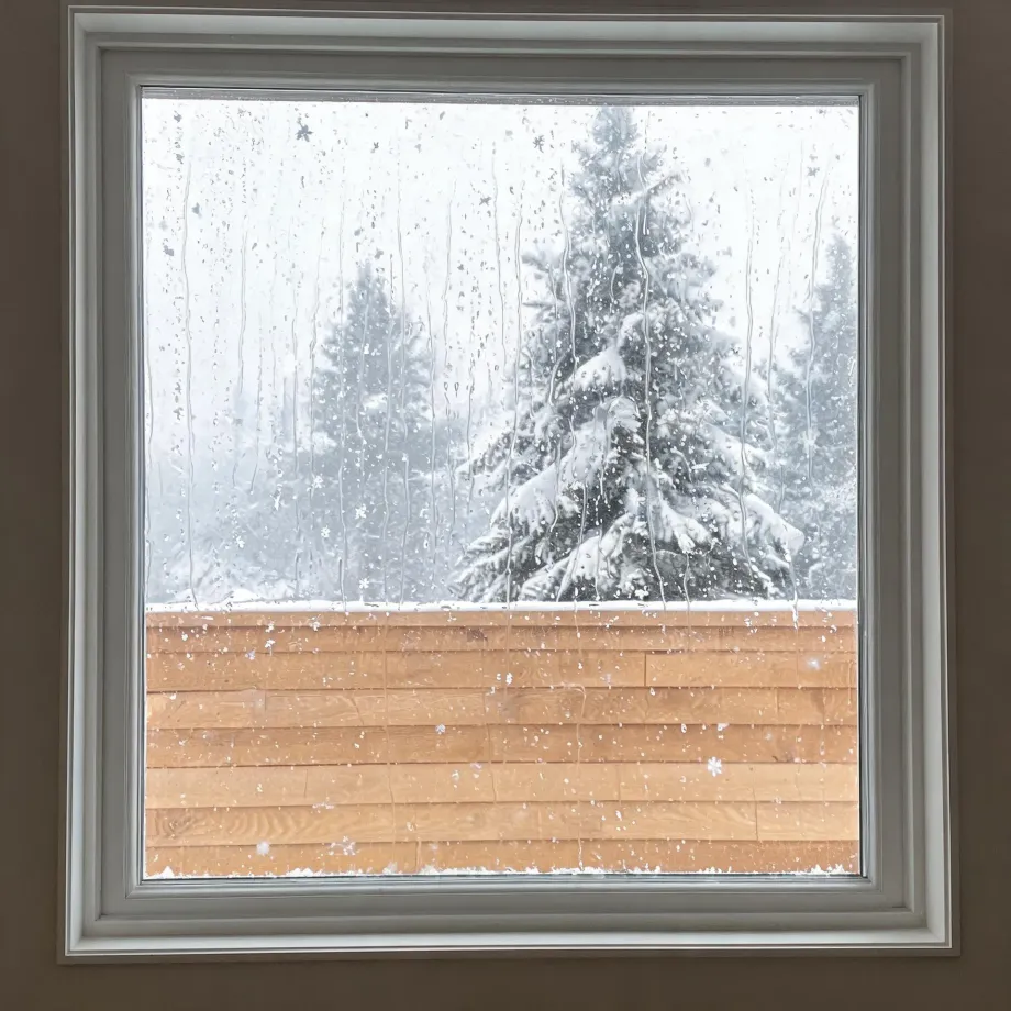 View through a wet, condensation-streaked window with white trim, showing snow-covered evergreen trees behind a light wooden fence.