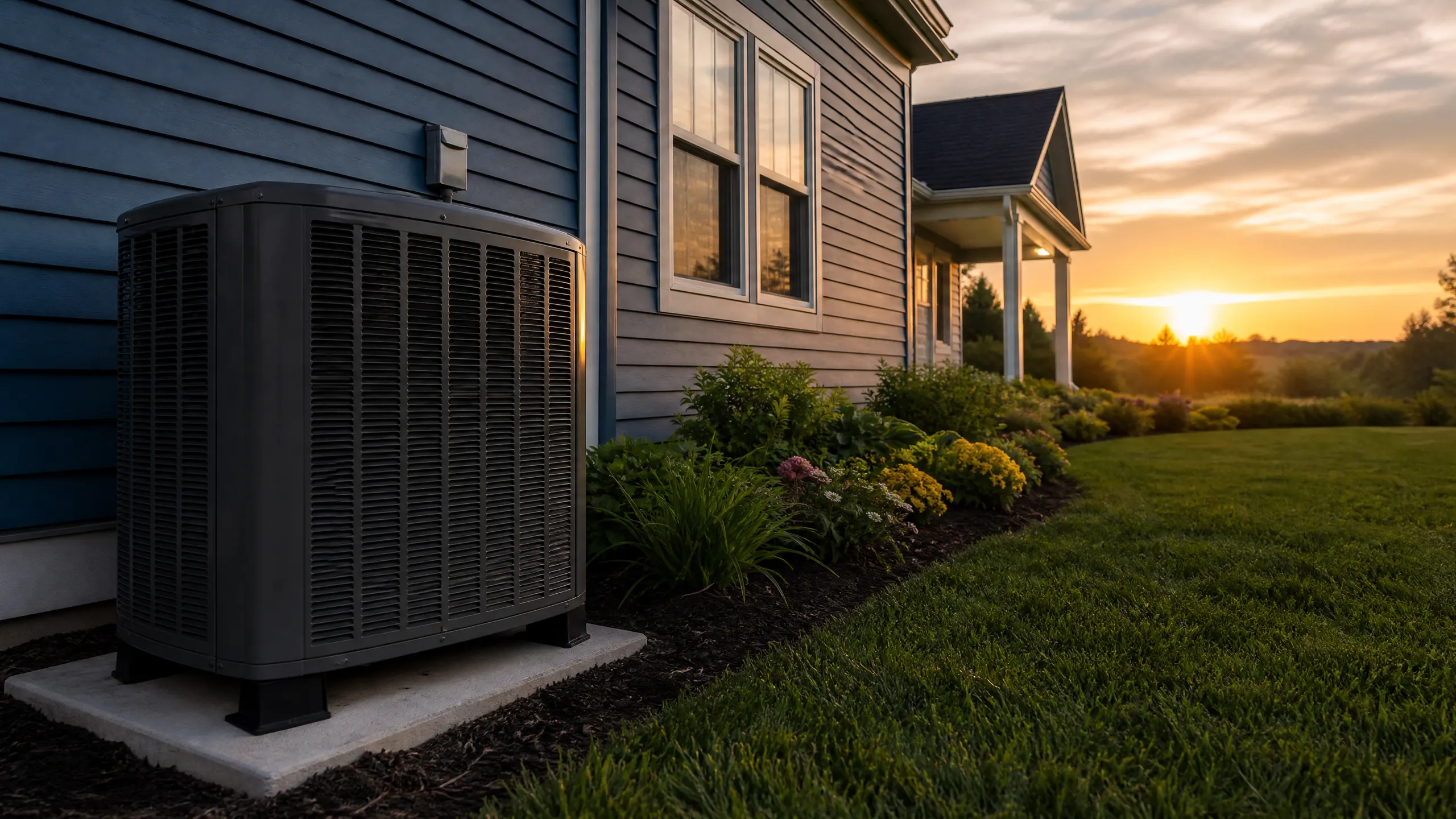 An outdoor air conditioning condenser unit mounted on a concrete pad next to a blue-sided residential house at sunset.