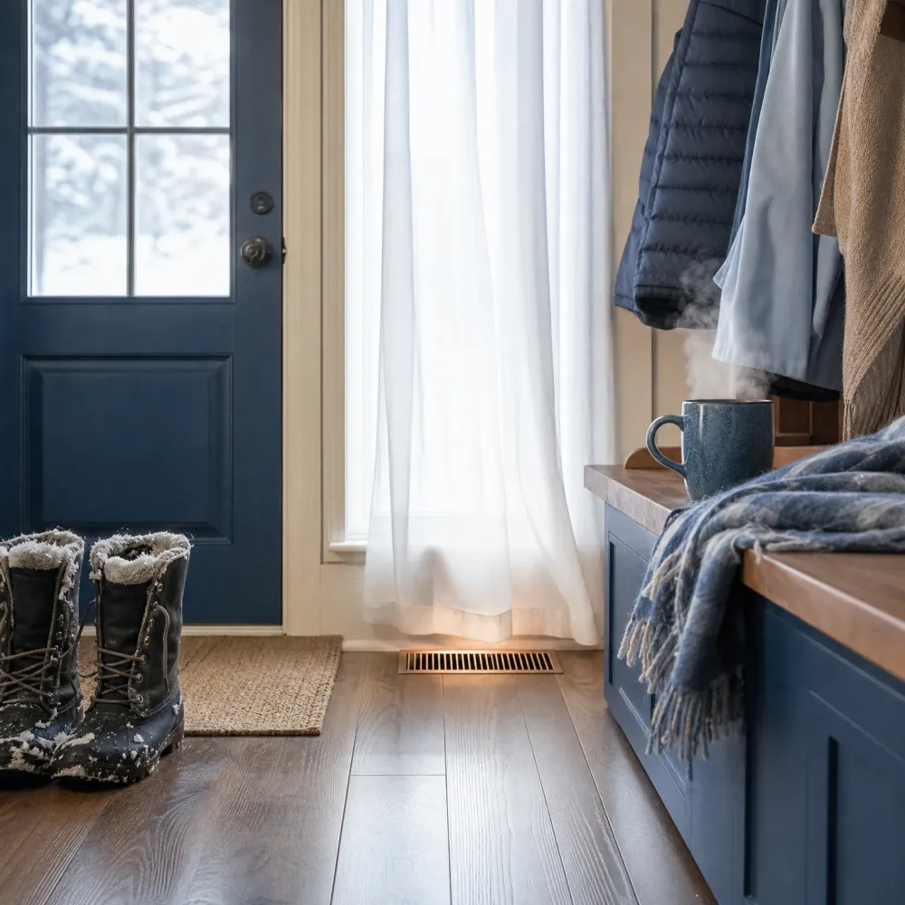 Entryway with a navy door with a window showing snowy trees, snow-dusted winter boots on a wood floor beside a jute rug, a floor vent under a sheer-curtained window, and a navy bench with a wood top holding a steaming mug and a blanket, with coats hanging above.