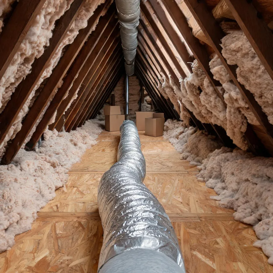 Attic interior with wooden rafters, fiberglass batt insulation along the eaves, an OSB plank walkway, a flexible foil-wrapped duct running along the floor and up to the ridge, and a few cardboard boxes at the far end.