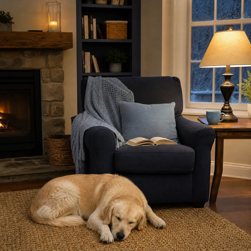 A golden retriever sleeps on a woven rug in front of a dark blue armchair holding an open book, a cushion and a knit blanket, beside a lit fireplace, a bookshelf, and a side table with a lamp and mug by a dark window.