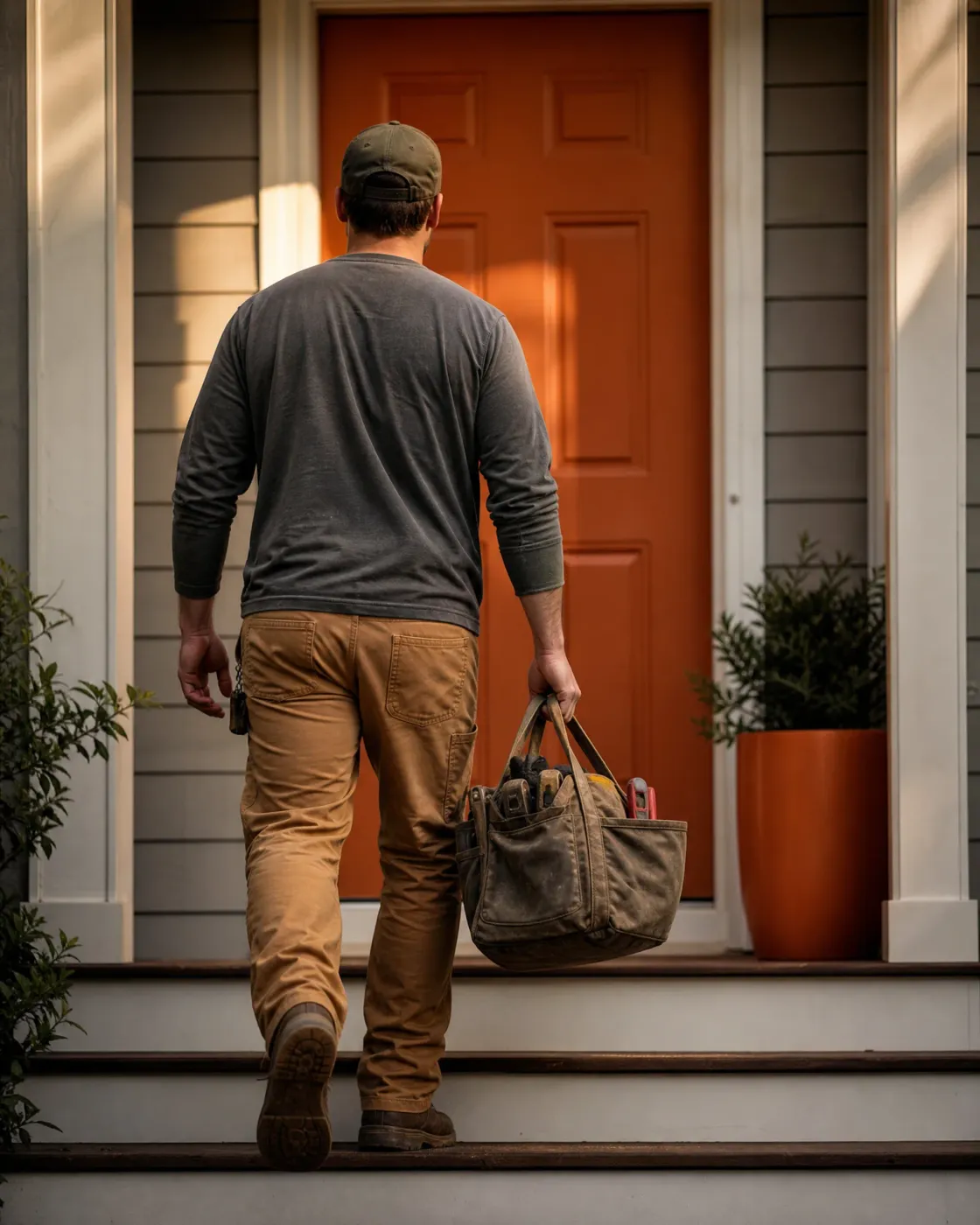 A man in a cap, gray long-sleeved shirt and tan work pants, seen from behind, carries a canvas tool bag up steps toward an orange front door of a gray clapboard house, with a potted shrub to the right.