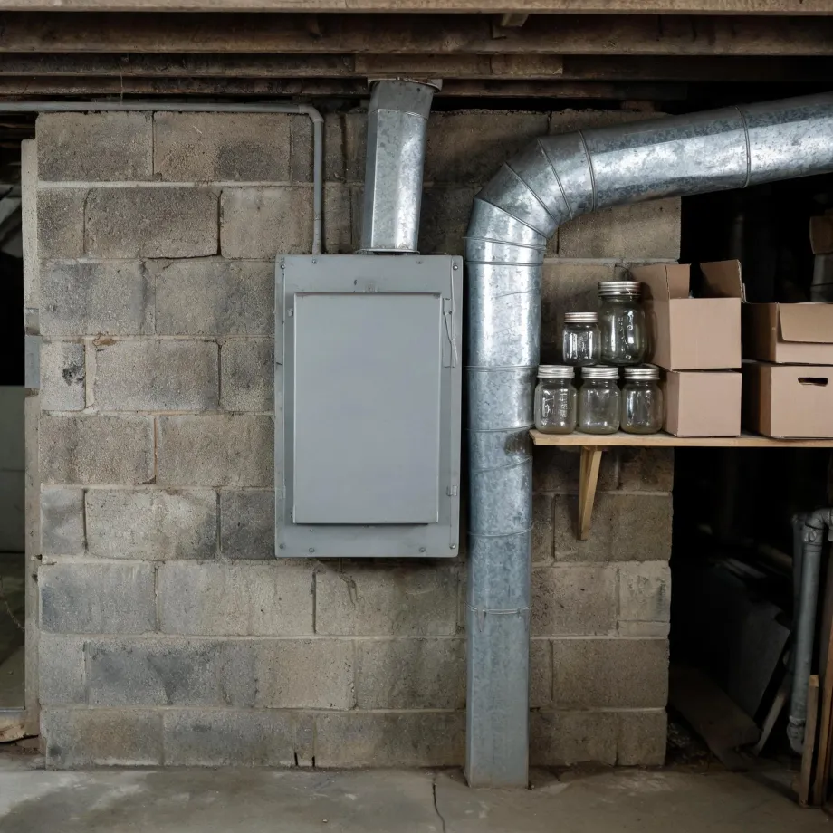 Basement interior with concrete block walls, a gray electrical panel box, galvanized sheet-metal ductwork running along the ceiling and down the wall, and a wooden shelf holding glass canning jars and cardboard boxes.