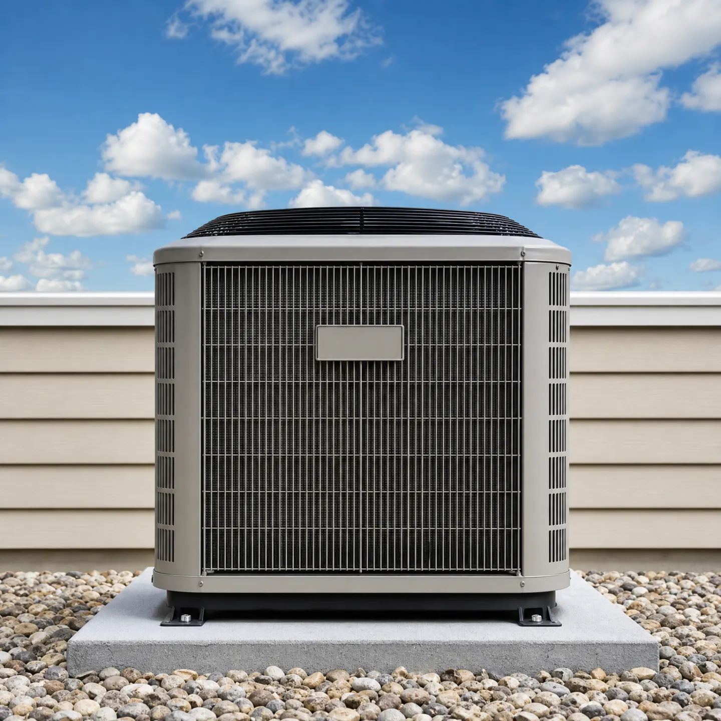 An outdoor residential air conditioning condenser unit mounted on a concrete pad, surrounded by gravel with a blue sky in the background.