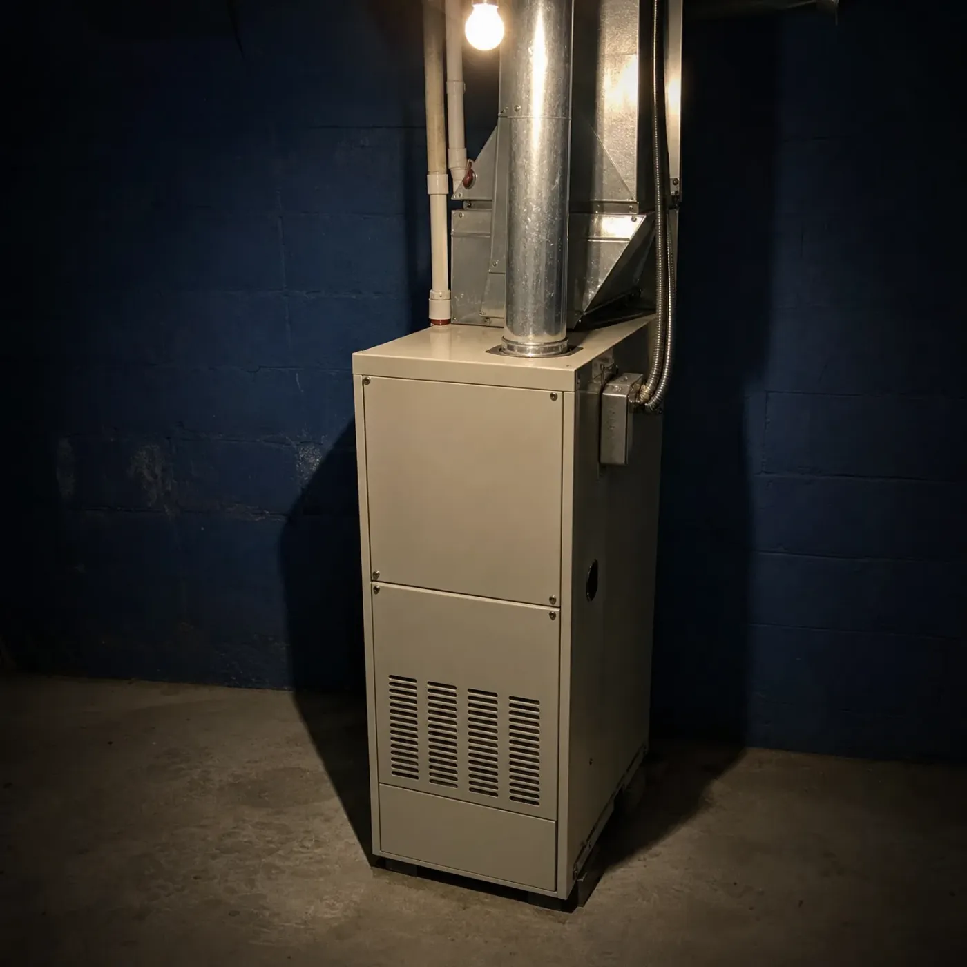 A beige upflow furnace stands against a blue-painted concrete block basement wall, with galvanized sheet-metal ductwork, a flue pipe, white PVC piping and a flexible metal conduit above it, lit by a bare hanging bulb.