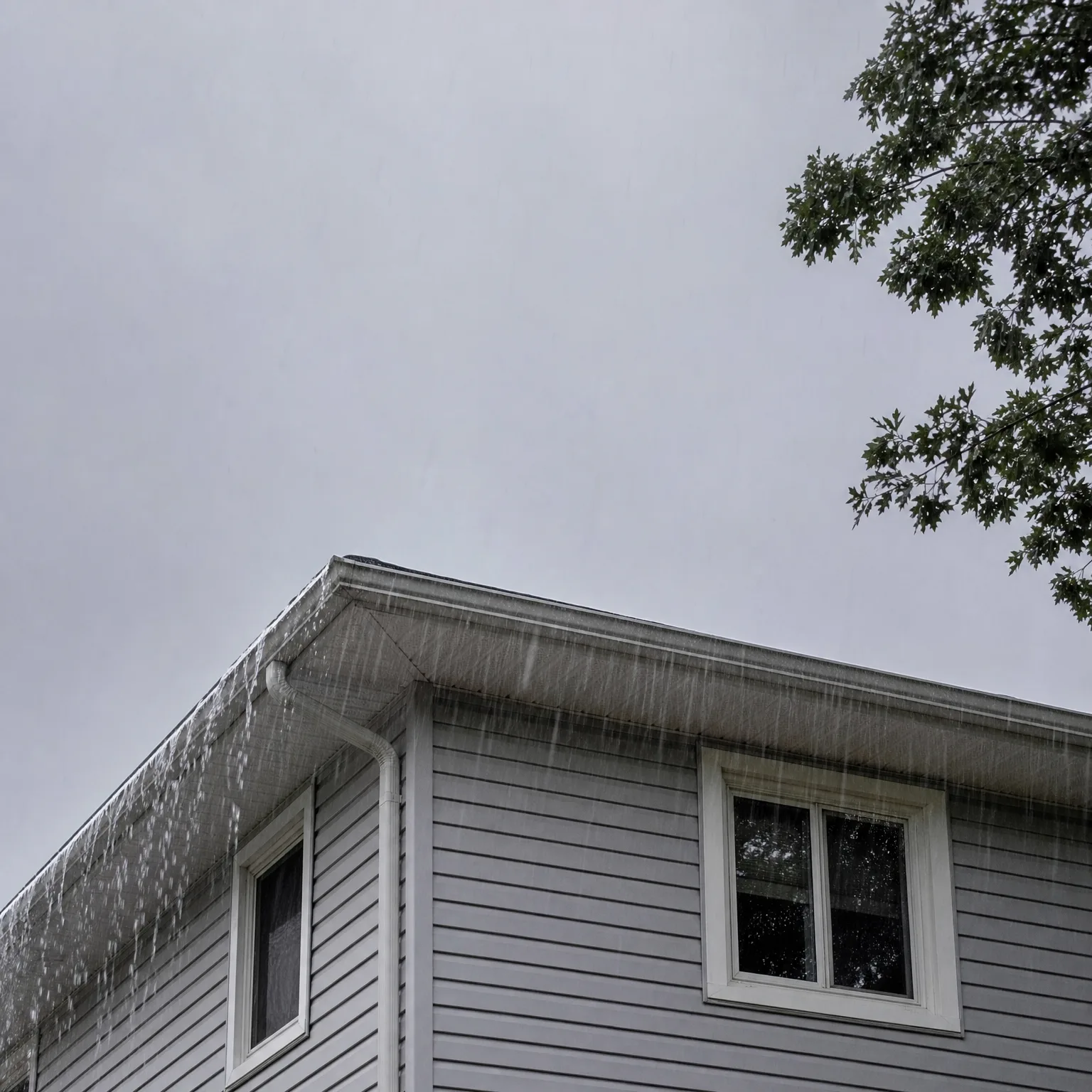 Upward view of the corner of a gray vinyl-sided house with white-framed windows and a roof edge, with rain streaking down and water running off the eaves under an overcast sky, and a leafy tree branch at upper right.