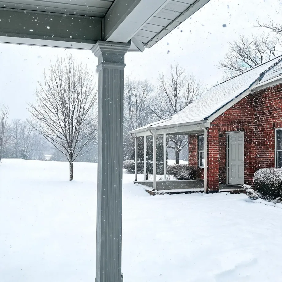 View from under a covered porch with a gray square column toward a red brick house with a white-columned porch and gray door, with falling snow covering the yard, roof, and bare trees.