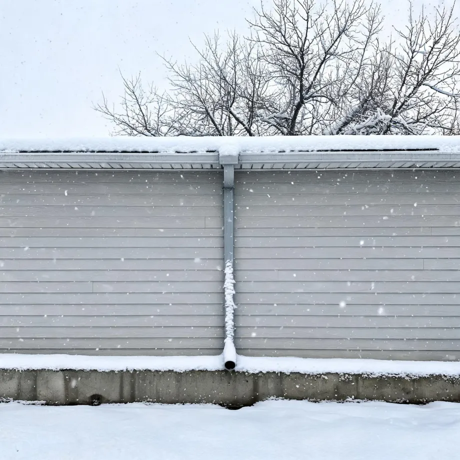 Snow-covered horizontal lap siding wall of a building with a gutter, a vertical downspout, and a concrete foundation, with bare trees behind the roofline during falling snow.