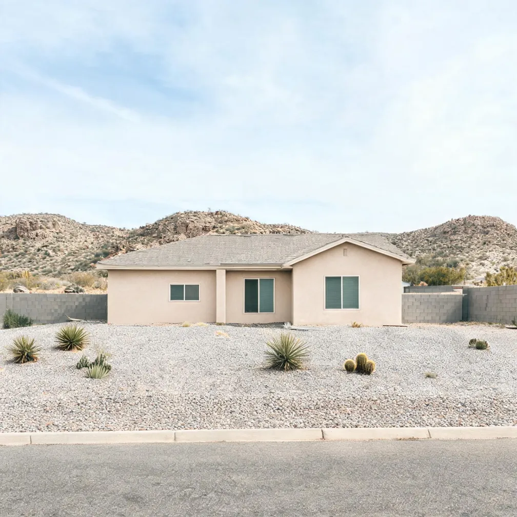 A single-story beige stucco house with a shingled roof stands behind a gravel yard with yucca and barrel cacti, bordered by a concrete block wall, with rocky hills behind and a paved road in the foreground.