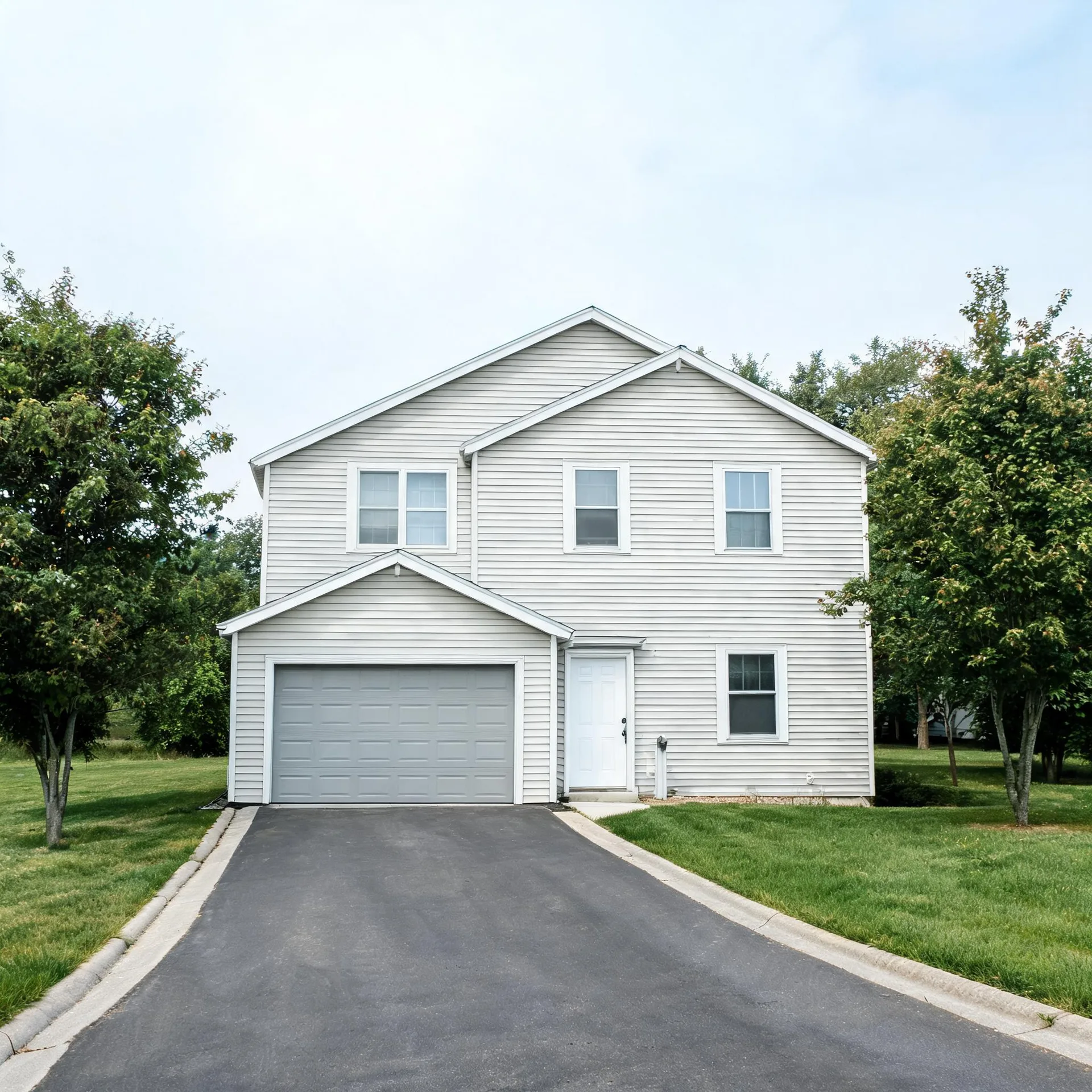 Two-story house with light gray horizontal vinyl siding, a single two-car garage door, a white front door, and an asphalt driveway, flanked by lawn and deciduous trees under an overcast sky.