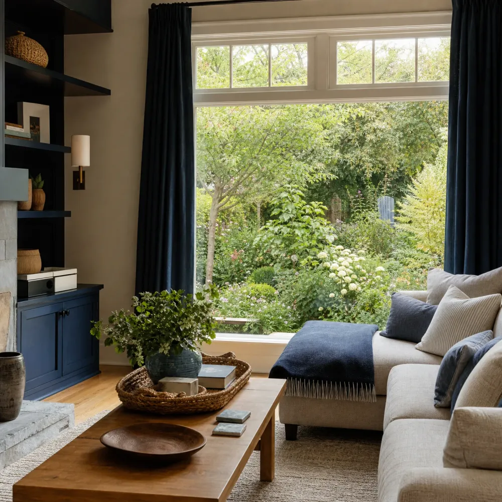 A living room with a beige sectional sofa, navy throw and pillows, a wooden coffee table holding a woven tray and plant, dark built-in shelving, and a large window with navy curtains overlooking a green garden.