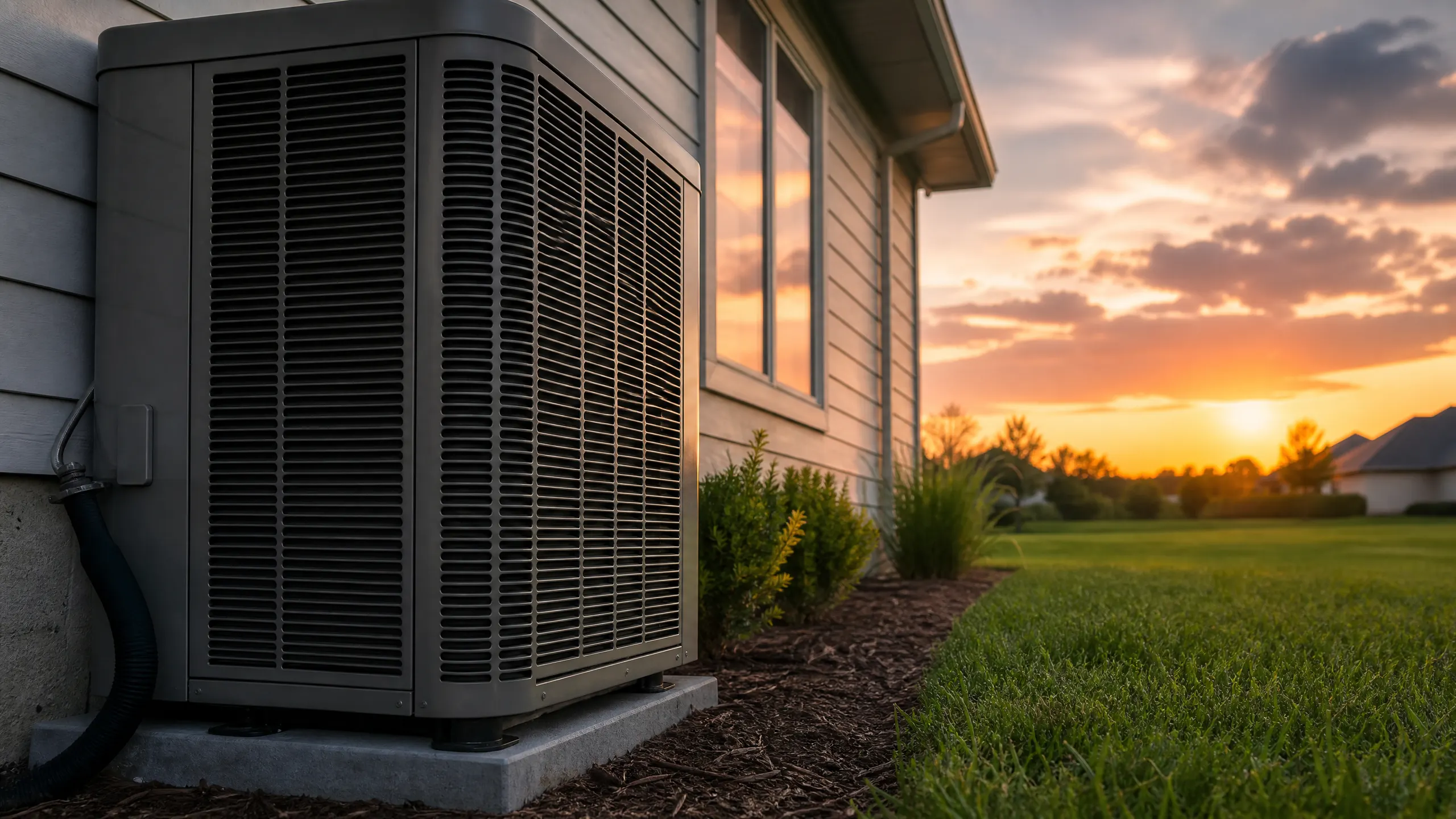An outdoor air conditioning condenser unit mounted on a concrete pad beside a house at sunset.