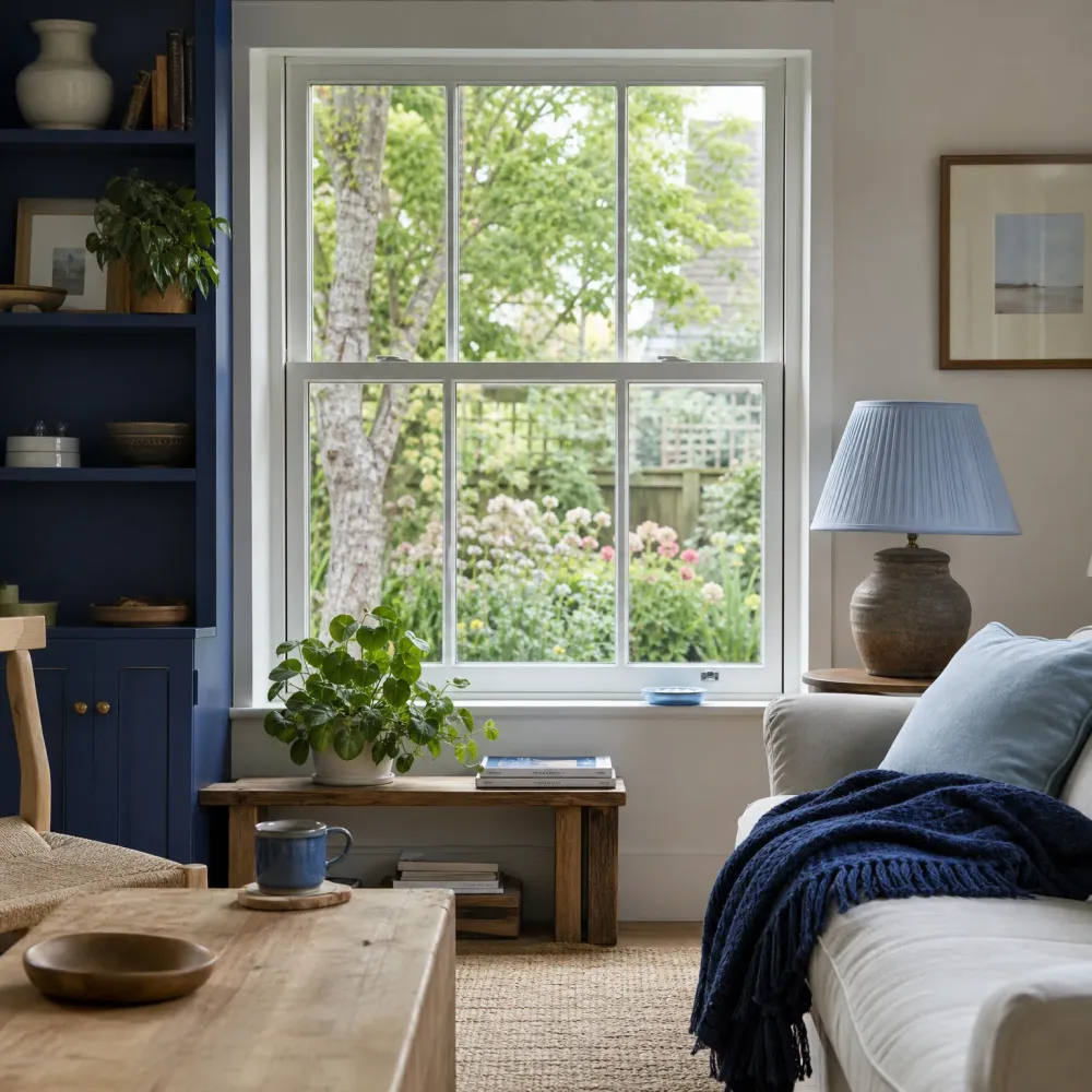 Living room with a white-framed sash window overlooking a green garden, a potted plant and books on a wooden bench below, a navy built-in bookcase at left, and a pale sofa with a navy knit throw and blue table lamp at right.