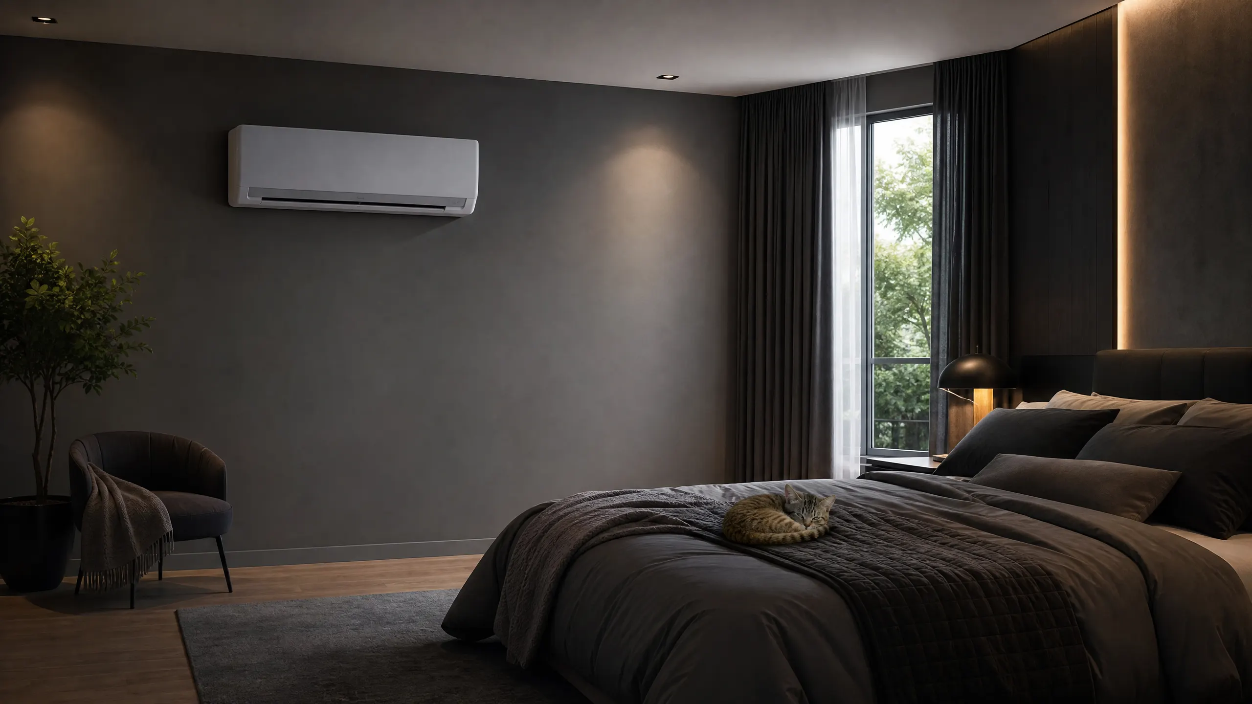 A tabby cat sleeps on a large bed in a dark, modern bedroom equipped with a wall-mounted air-conditioning unit.