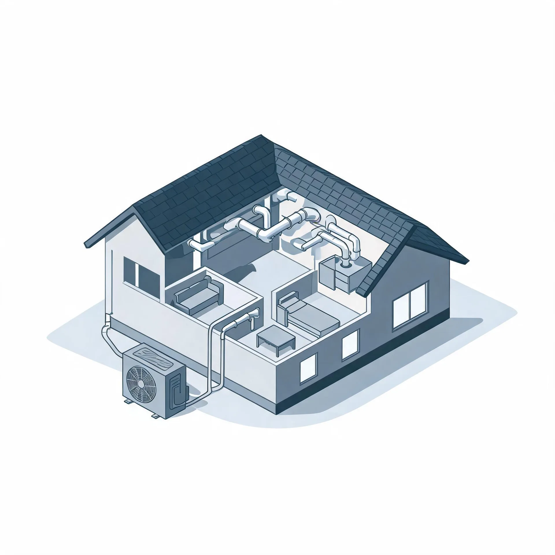 Isometric cutaway illustration of a house showing attic ductwork, an indoor air handler, furnished rooms, and an outdoor condenser unit connected by lines along the exterior wall.