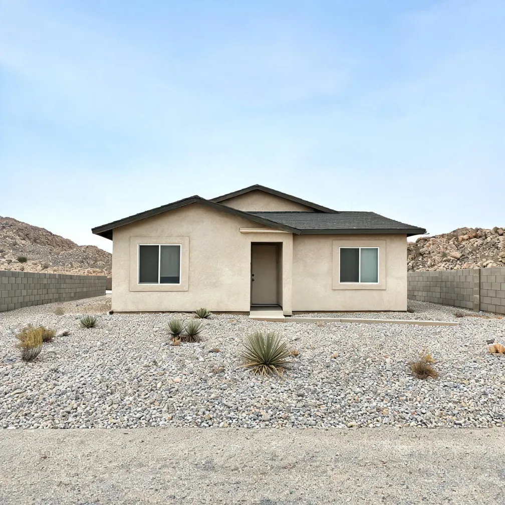 A single-story beige stucco house with a dark shingled roof, two windows and a central door, fronted by a gravel yard with small yucca and shrub plantings, flanked by concrete block walls and rocky hills under a pale sky.