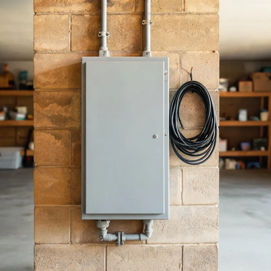 A gray electrical panel enclosure mounted on a concrete block wall with conduit entering above and below, and a coiled black cable hanging to its right in a garage-like space with shelving in the background.