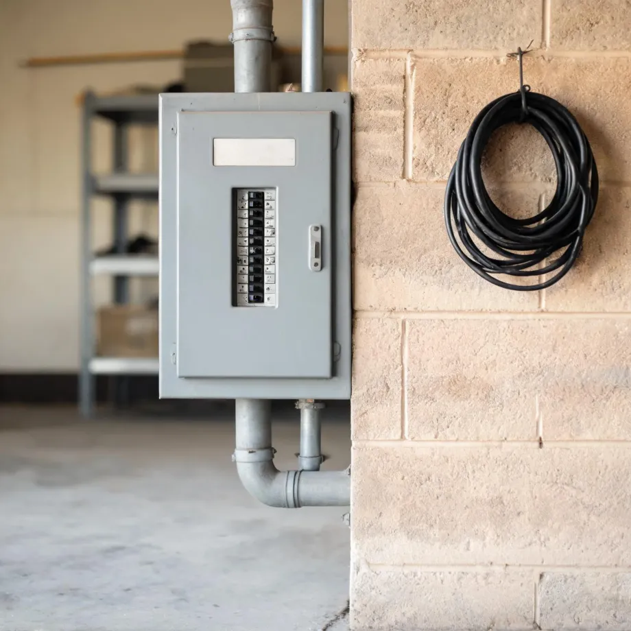 A gray electrical breaker panel with its cover open, mounted on the edge of a concrete block wall with metal conduit running above and below, next to a coiled black cable hanging on the wall.