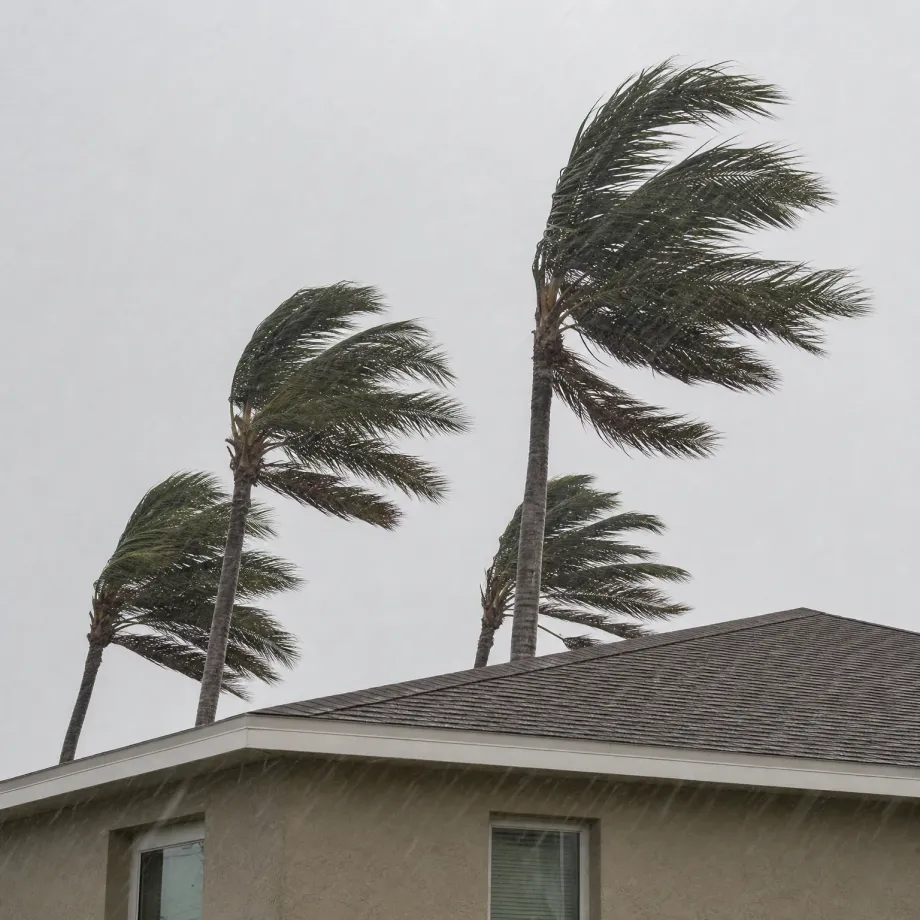 Three palm trees bend in strong wind and rain against a pale gray sky above the shingled roof and stucco upper wall of a single-story house.