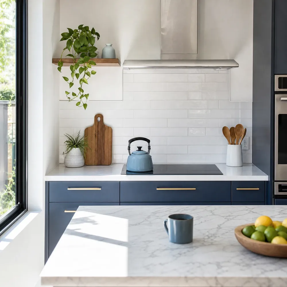 A kitchen with navy lower cabinets, white marble-look countertops, white subway tile backsplash and a stainless range hood, with a blue kettle on the cooktop, a wooden cutting board, potted plants, a utensil crock, and a marble island holding a blue mug and a wooden bowl of citrus.