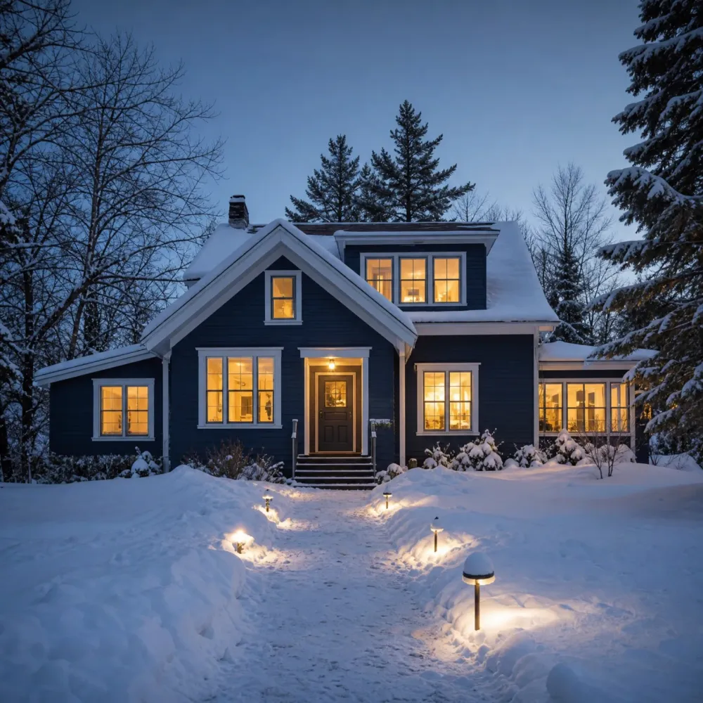A dark navy wood-sided house with white trim and lit windows at dusk, surrounded by deep snow, bare trees and snow-covered conifers, with a shoveled path lined by small glowing path lights.