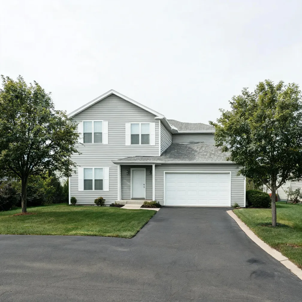 A two-story light gray vinyl-sided house with white trim, a two-car white garage door, and a paved driveway leading to a street, flanked by deciduous trees and mowed lawn under an overcast sky.