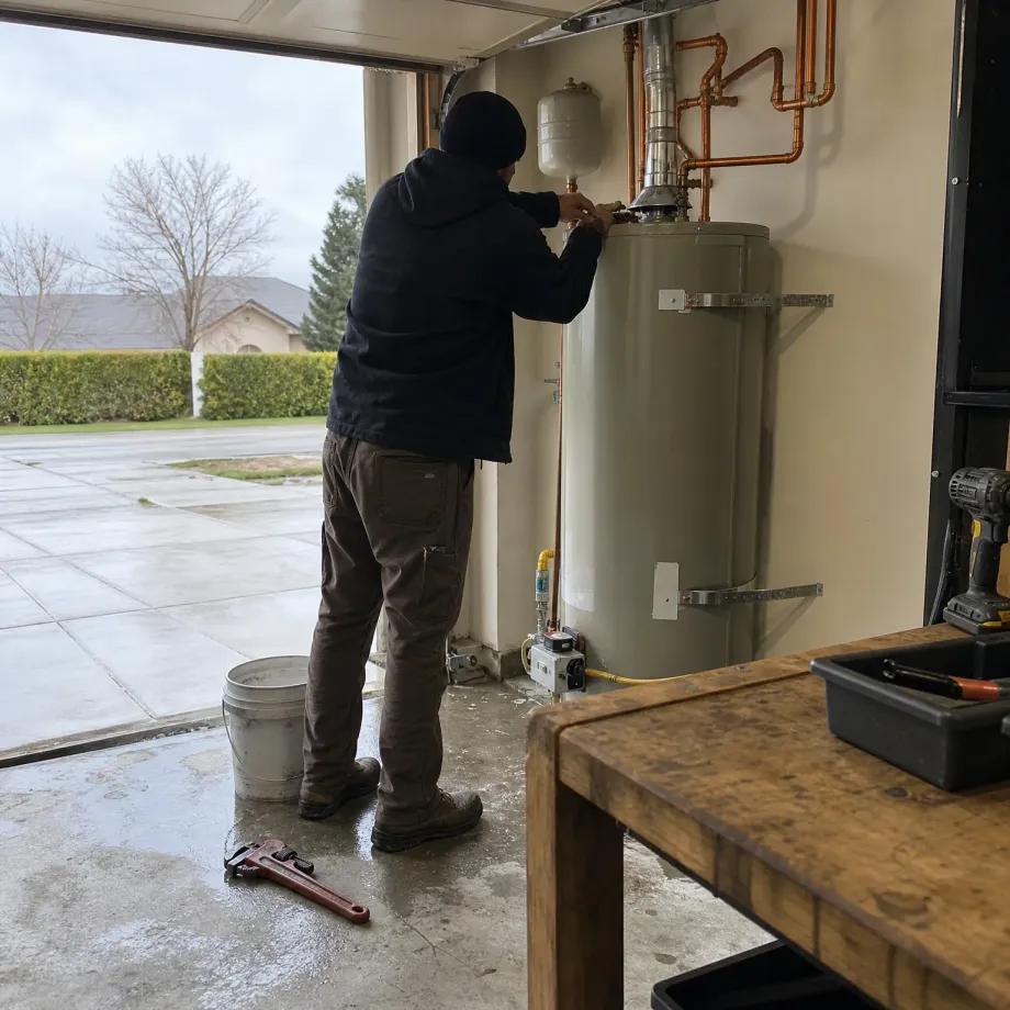 A person in a dark hooded jacket and beanie works on copper piping above a tank water heater in an open garage, with a pipe wrench and bucket on the wet concrete floor and a wooden workbench holding a cordless drill and tool tray in the foreground.