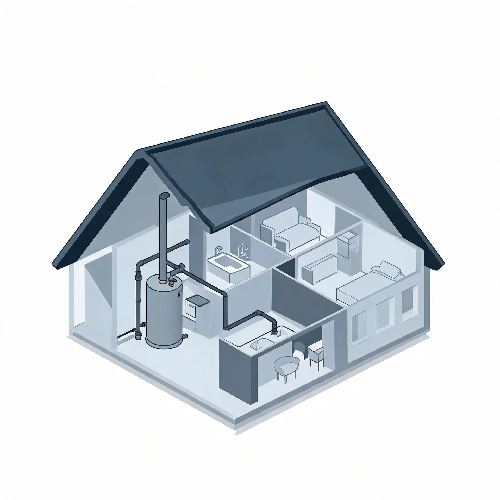 Isometric cutaway illustration of a small house in grey tones, showing interior rooms with furniture, sinks, and a cylindrical water heater with connected pipes and a flue in a utility area.
