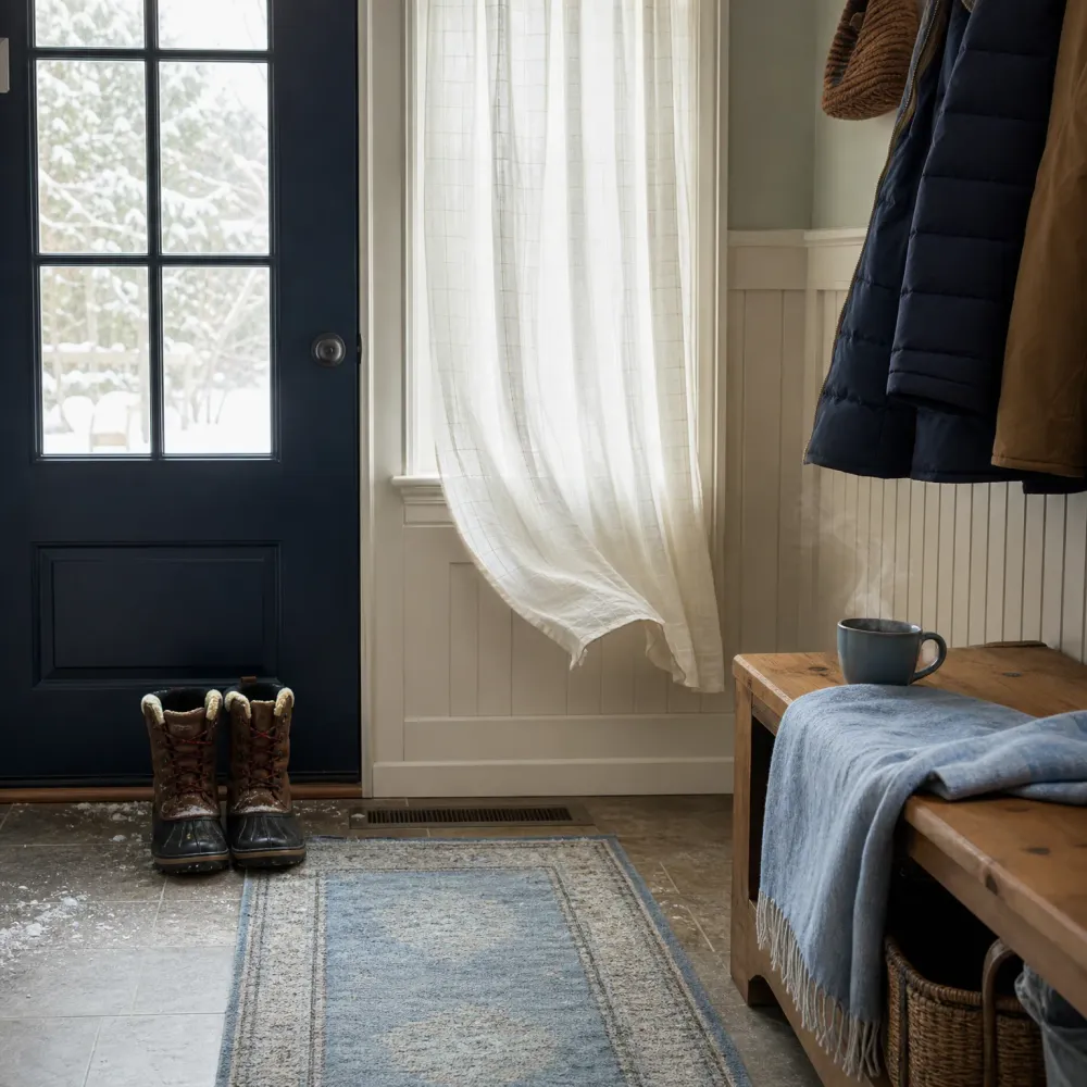 Entryway with a dark navy glass-paned door showing snow outside, winter boots on a tiled floor beside a blue runner rug, a sheer curtain at a window, a wooden bench with a blue throw and steaming mug, and coats hanging on wall hooks.