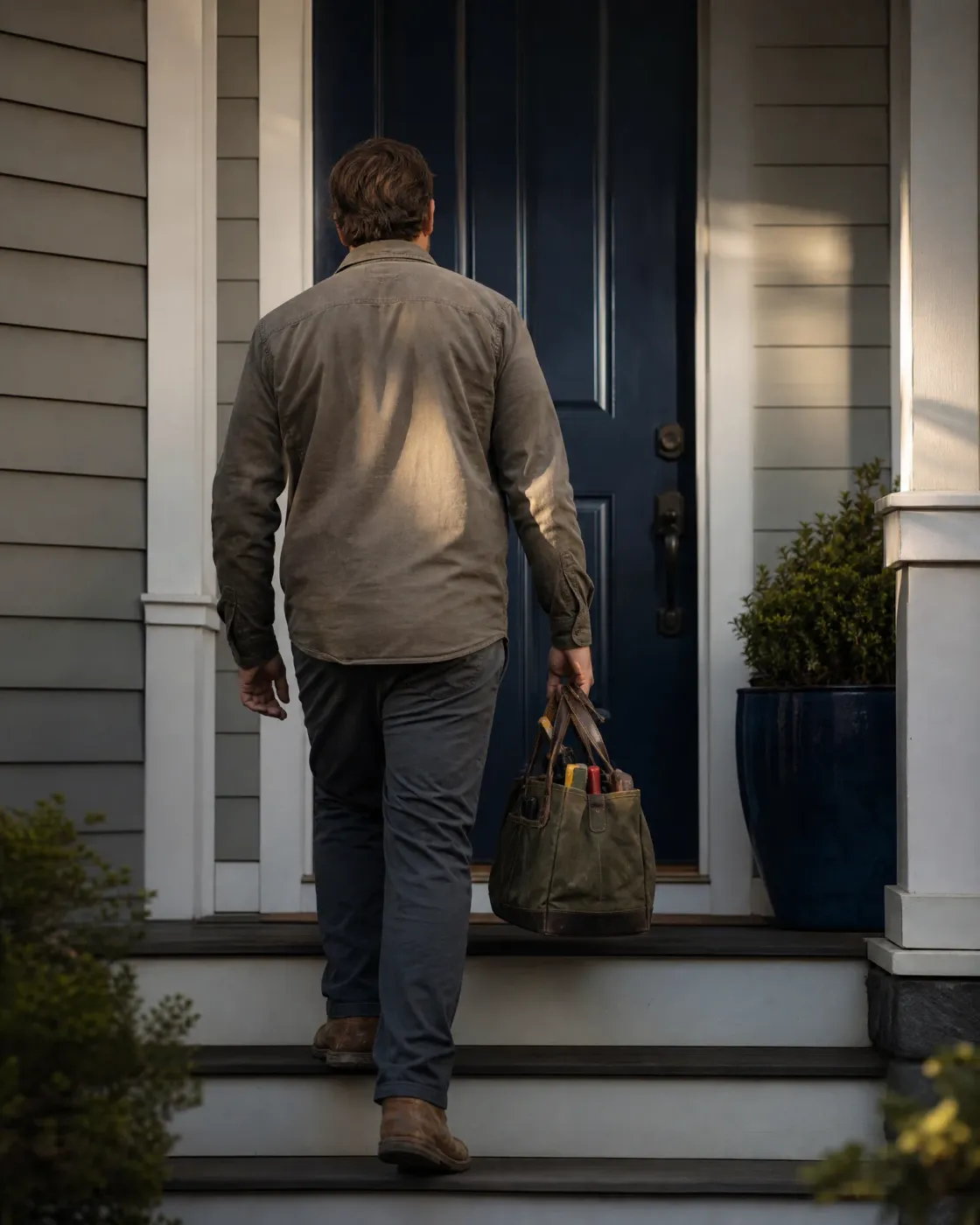 A man in a faded olive work shirt and dark trousers climbs porch steps toward a navy front door, carrying a green canvas tool bag in his right hand, with a potted shrub in a blue planter beside the door.