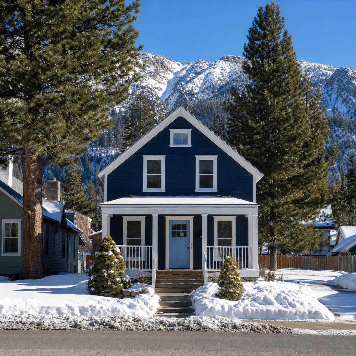 A dark blue two-story house with white trim and a covered front porch stands behind snow-covered ground, with tall pine trees and a snowy mountain ridge under a clear blue sky.