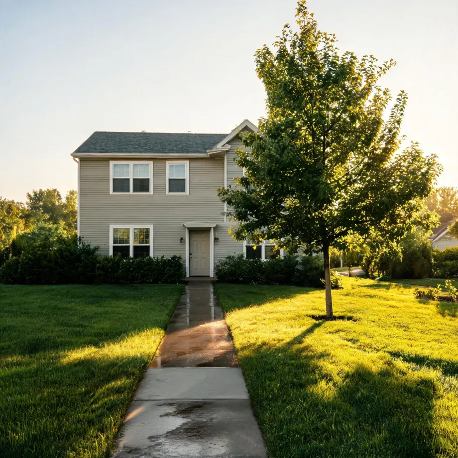 A two-story house with beige siding and a gray roof behind a mowed lawn, with a concrete walkway leading to the front door and a young deciduous tree casting a long shadow in low sunlight.