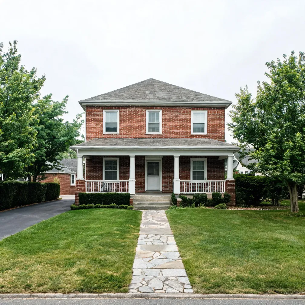 A two-story red brick house with a hipped roof, white-trimmed windows, and a covered front porch with white columns and railing, fronted by a flagstone walkway across a lawn with trees and hedges on either side.