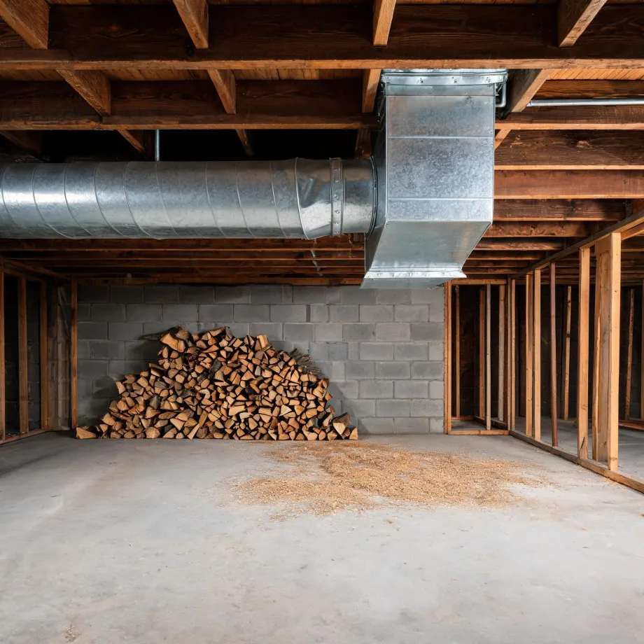 Unfinished basement with exposed wood joists, galvanized round and rectangular ductwork, a concrete block wall, a stacked pile of split firewood, wood stud framing at right, and sawdust on the concrete floor.
