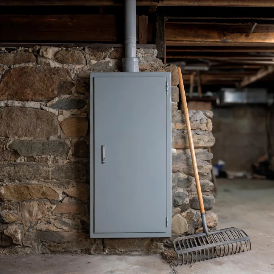 A gray metal cabinet with a handle mounted on a stone foundation wall in a basement, with a vertical pipe above it, wooden floor joists overhead, and a wooden-handled rake leaning to the right.