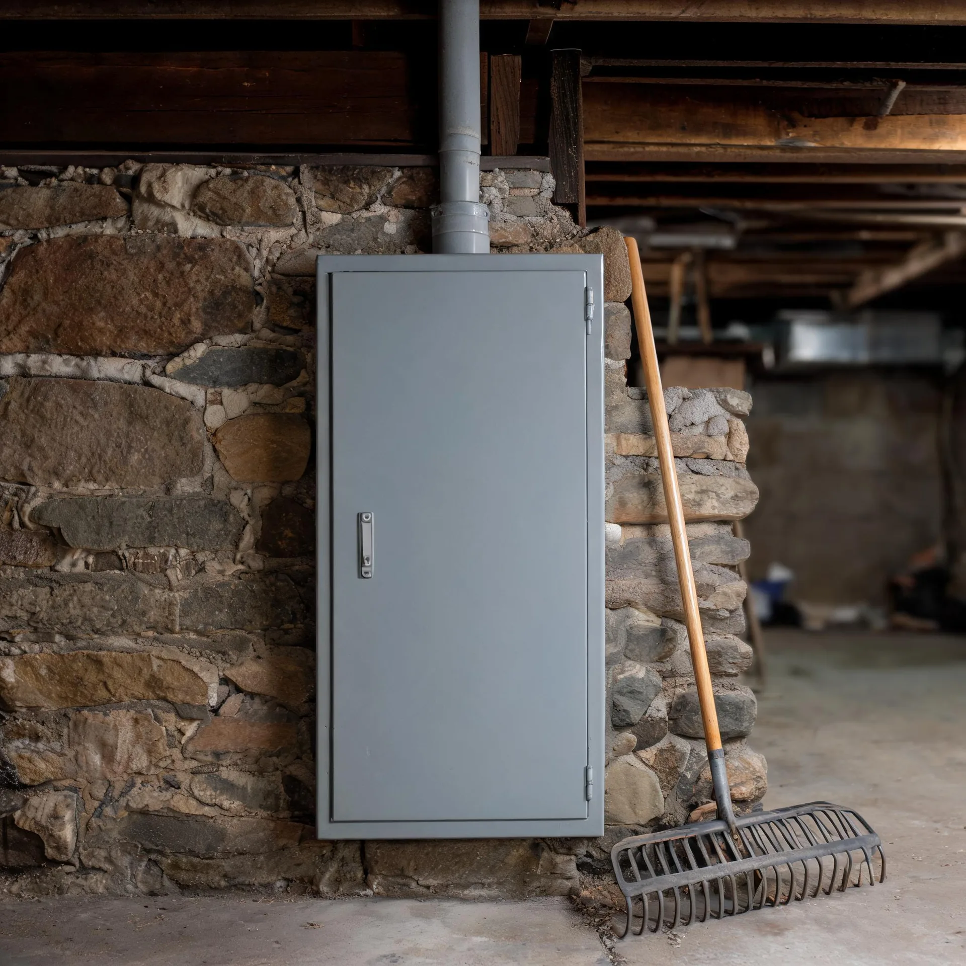 A gray metal cabinet with a handle mounted on a stone foundation wall in a basement, with a vertical pipe above it, wooden floor joists overhead, and a wooden-handled rake leaning to the right.