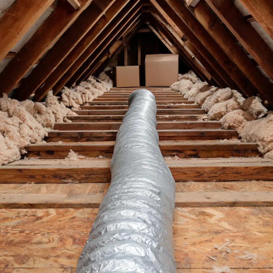 An unfinished attic with wooden rafters, plywood decking and loose fiberglass insulation between joists, with a flexible foil-wrapped duct running along the floor toward two cardboard boxes at the far end.