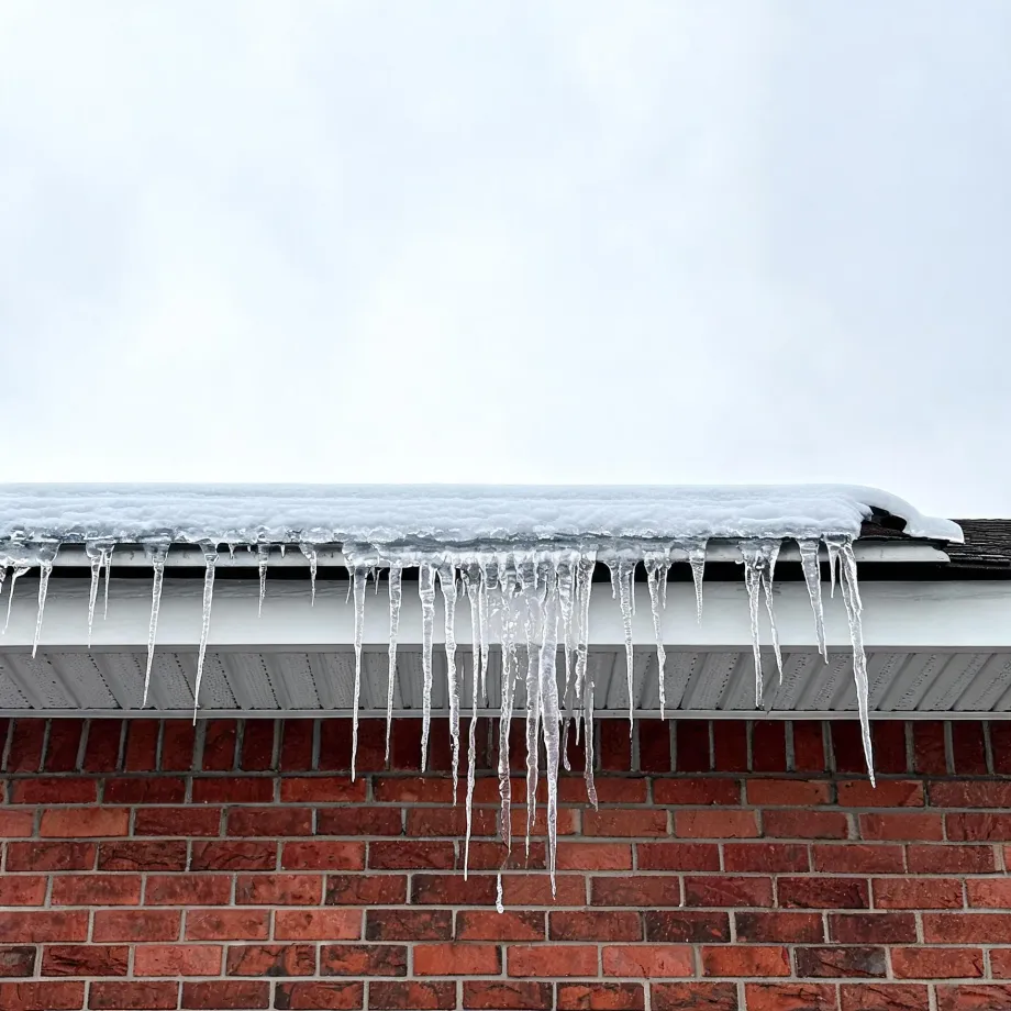 Snow on a roof edge with a row of icicles hanging from the white gutter and soffit above a red brick wall, against an overcast sky.