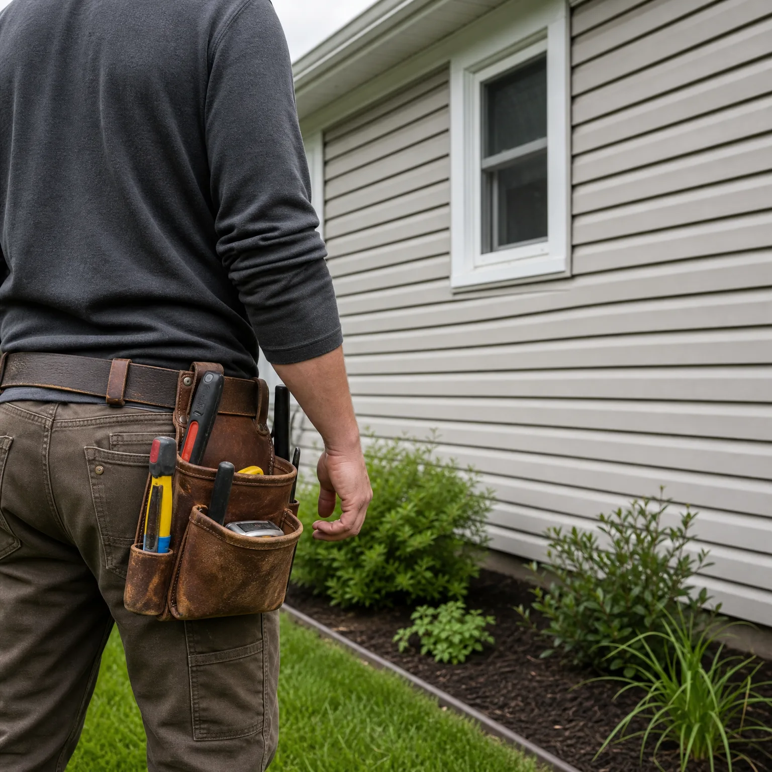A person seen from behind wearing a dark long-sleeved shirt and a leather tool belt with pliers, pencils and a tape measure, standing on grass beside a house with light gray vinyl siding, a white-framed window, and a mulched bed of shrubs.