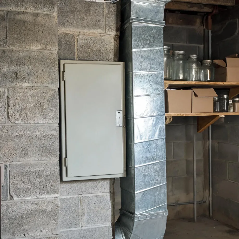 Basement interior with concrete block walls, a beige electrical panel door mounted on the wall, a large galvanized sheet metal duct running floor to ceiling, and wooden shelves holding glass jars and cardboard boxes.