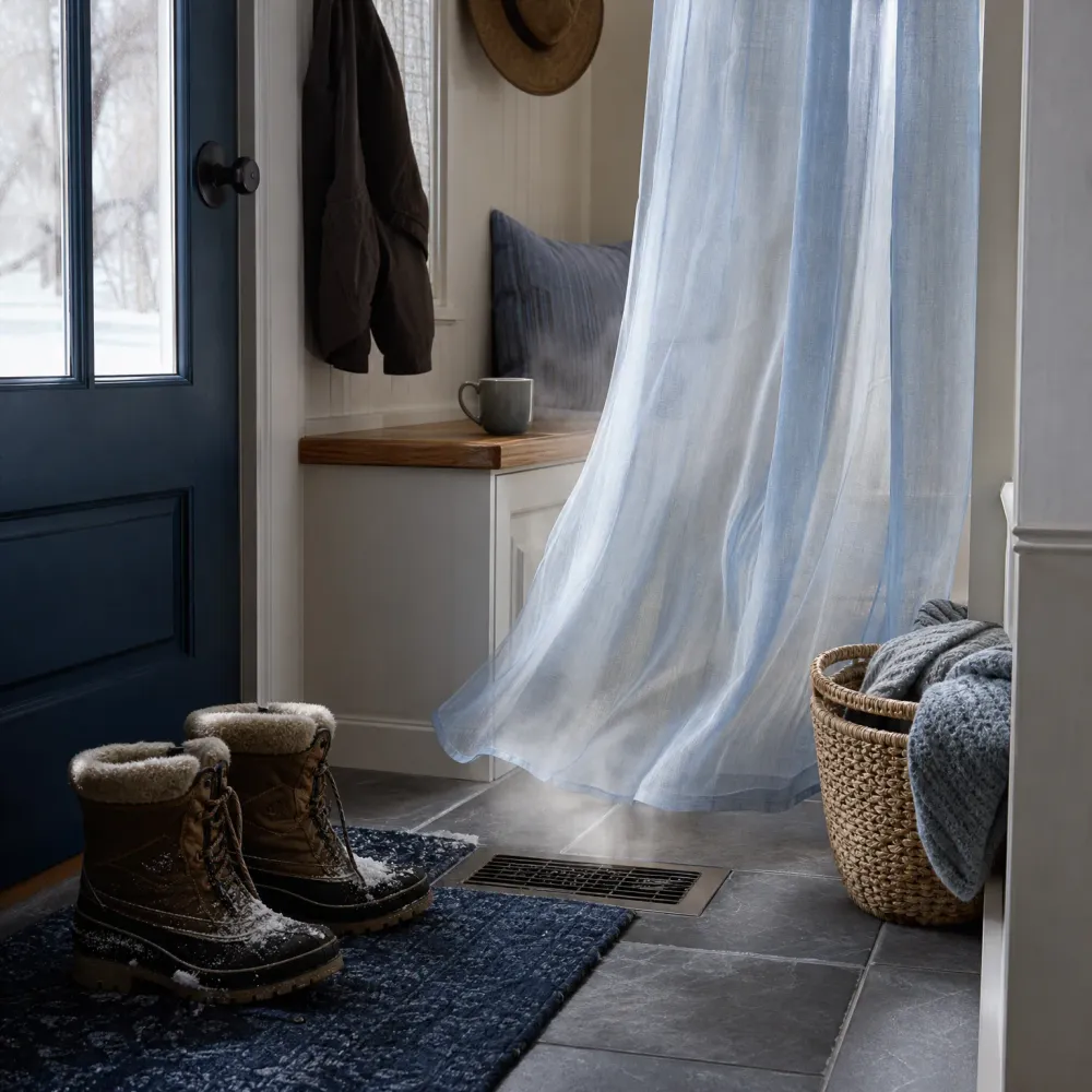 An entryway with a dark blue door, snow-dusted winter boots on a blue rug, a floor vent, a pale blue sheer curtain billowing, a bench with a cushion and mug, and a woven basket holding a gray blanket.