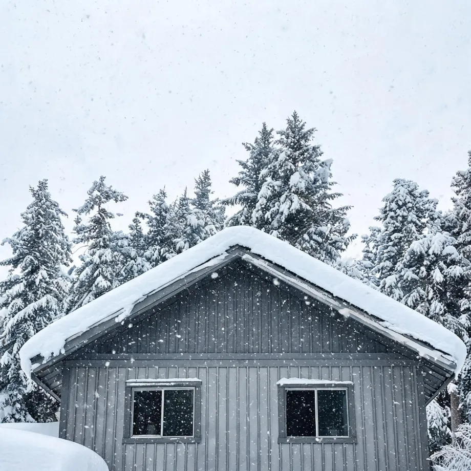 Gable end of a gray board-and-batten house with two windows and a snow-covered roof, surrounded by snow-laden conifers during falling snow.