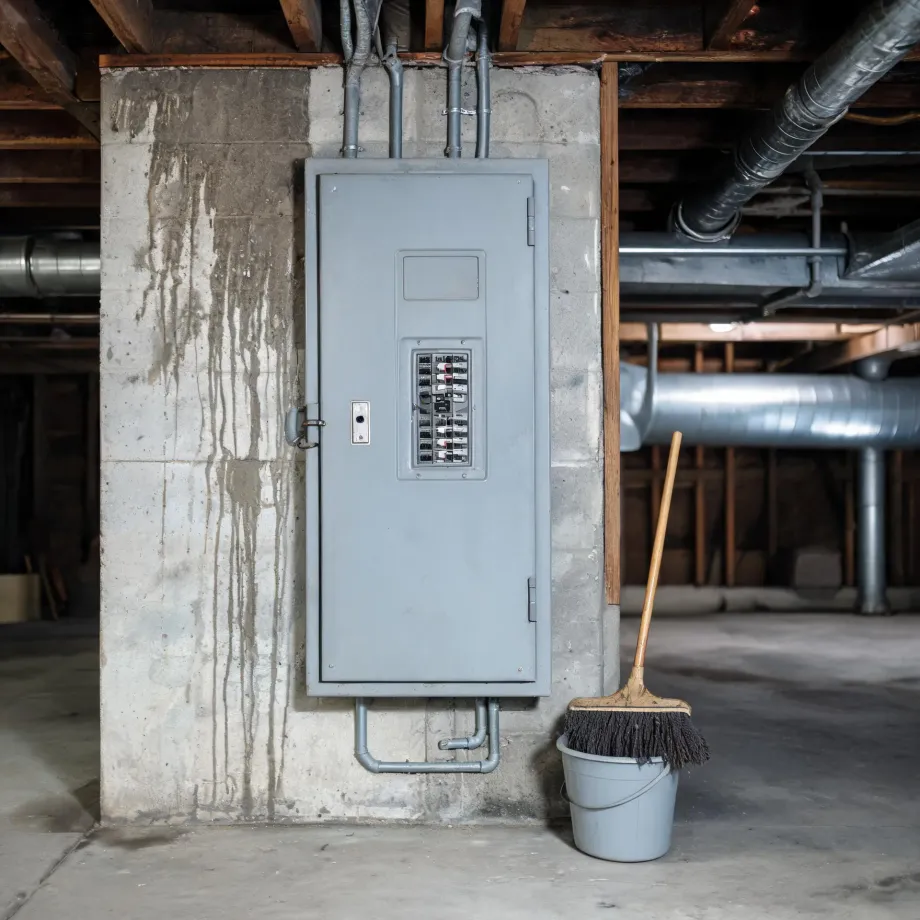 A gray electrical panel with its door open showing circuit breakers, mounted on a stained concrete basement wall, with conduit running to the ceiling joists, exposed ductwork at right, and a push broom in a plastic bucket on the floor.