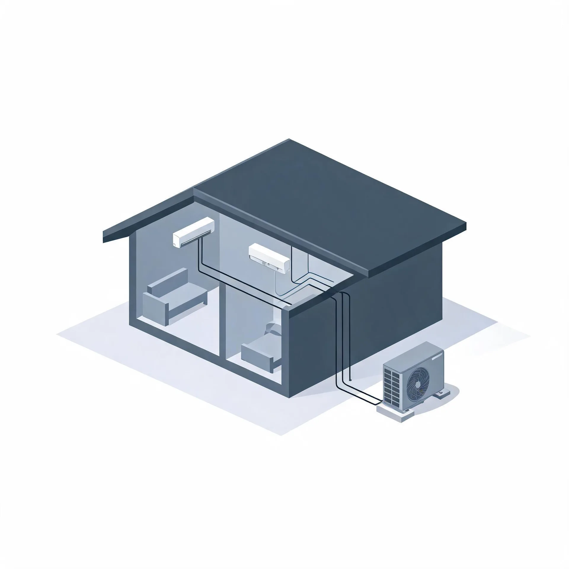 Isometric illustration of a cutaway house showing two wall-mounted mini-split indoor units connected by line sets to an outdoor condenser on a pad outside.