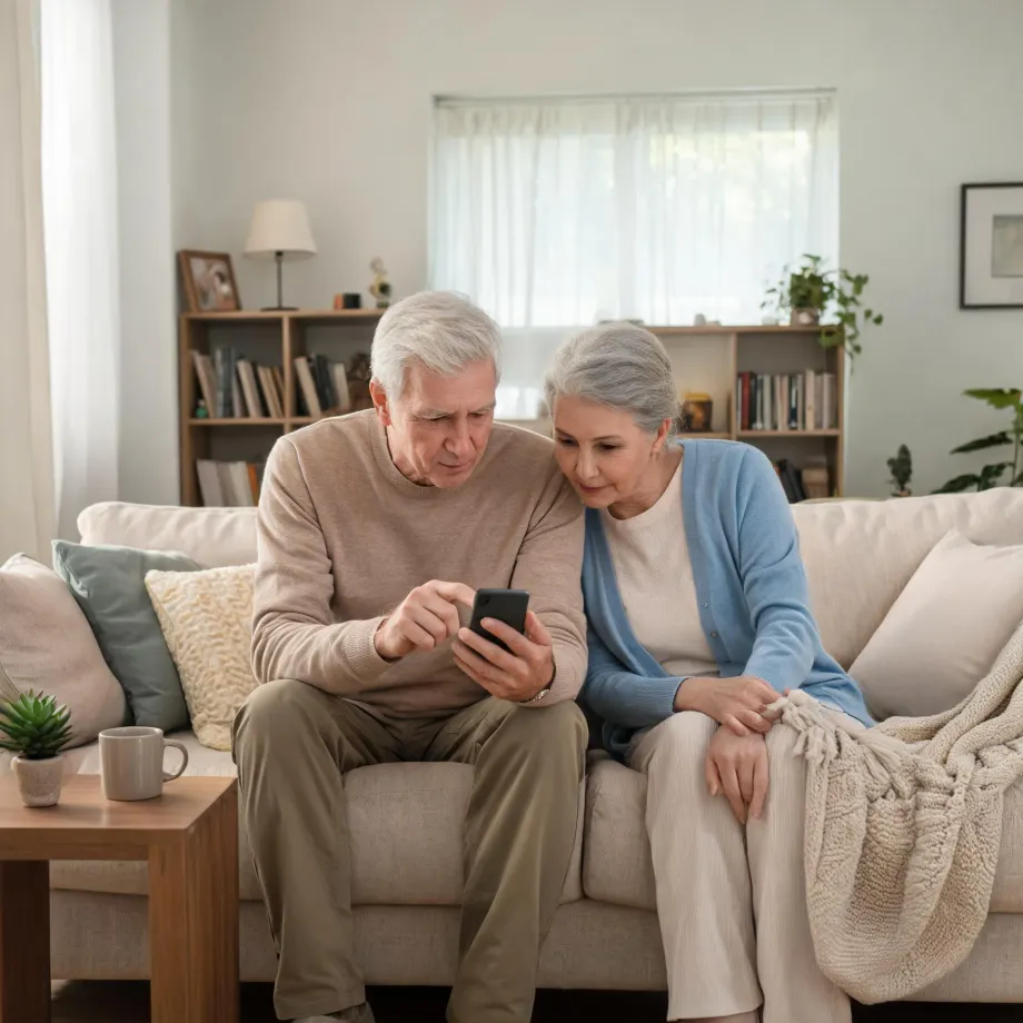 An older man and woman sit together on a beige sofa in a living room, both looking at a smartphone the man is holding, with bookshelves, a window, cushions and a side table with a mug nearby.
