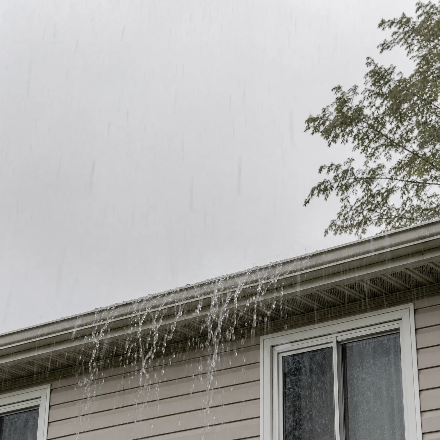 Water overflows from a gutter along the roof edge of a house with beige vinyl siding and white-framed windows, under an overcast sky with a leafy tree branch at upper right.