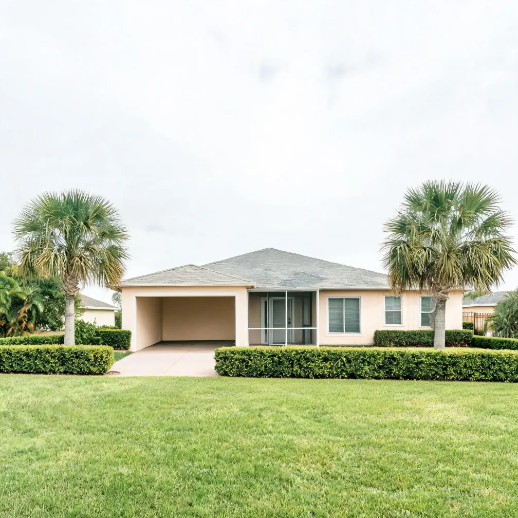 A single-story stucco house with a hipped shingle roof, open carport, screened entry, and shuttered windows, flanked by two palm trees, fronted by a trimmed hedge and a large mown lawn under an overcast sky.