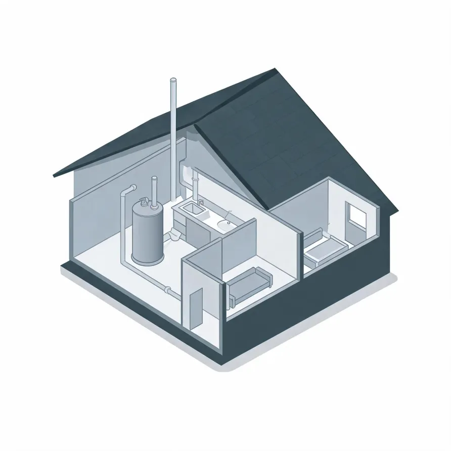 Isometric cutaway illustration of a small house showing interior rooms with a cylindrical water heater and pipes, a sink counter, a bed, and a bench, rendered in grey tones on a white background.