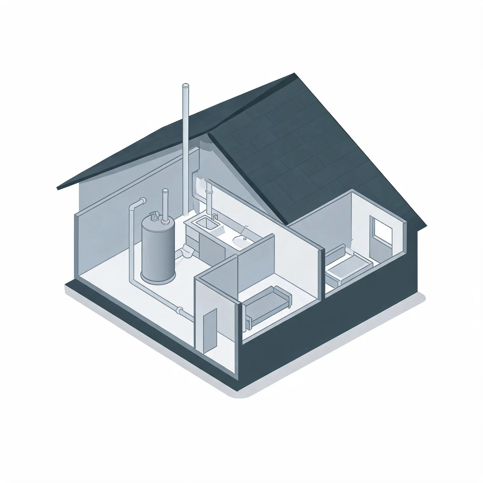 Isometric cutaway illustration of a small house showing interior rooms with a cylindrical water heater and pipes, a sink counter, a bed, and a bench, rendered in grey tones on a white background.