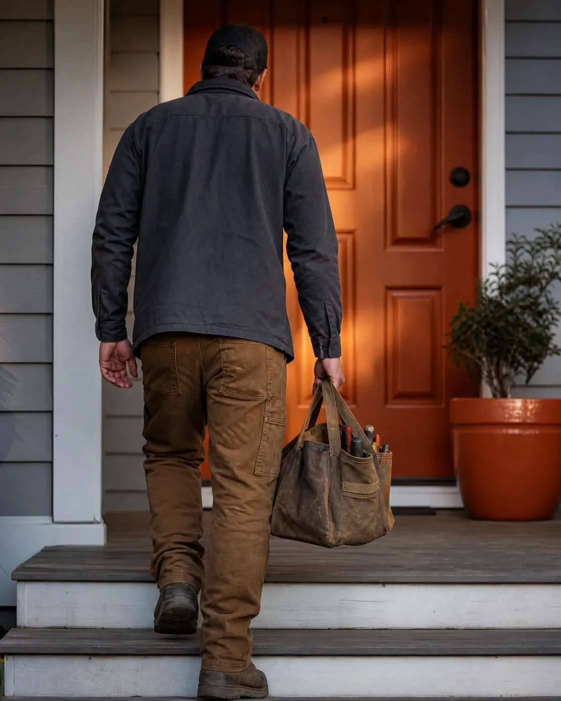 A man seen from behind in a dark jacket, tan work pants and boots climbs wooden porch steps toward an orange front door, carrying a waxed canvas tool bag, with a potted shrub beside the entry.